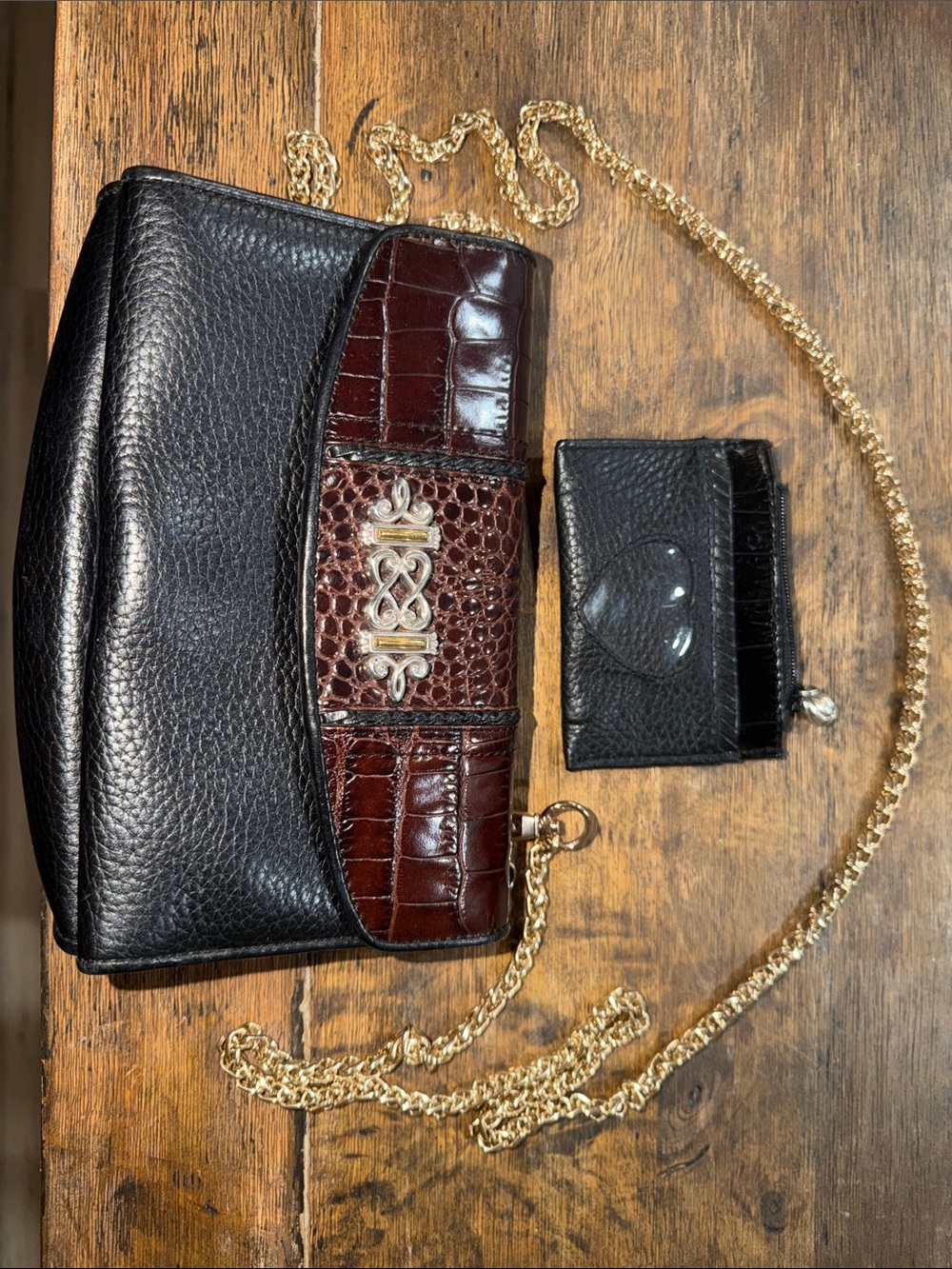Brighton Black & Dark Brown Leather Chain Shoulder Bag with Croc Accent